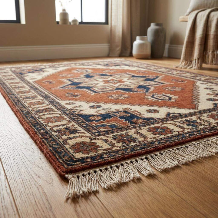 Translation missing: en.Artisan made tribal wool rug with earthy rust, ivory, and blue color palette