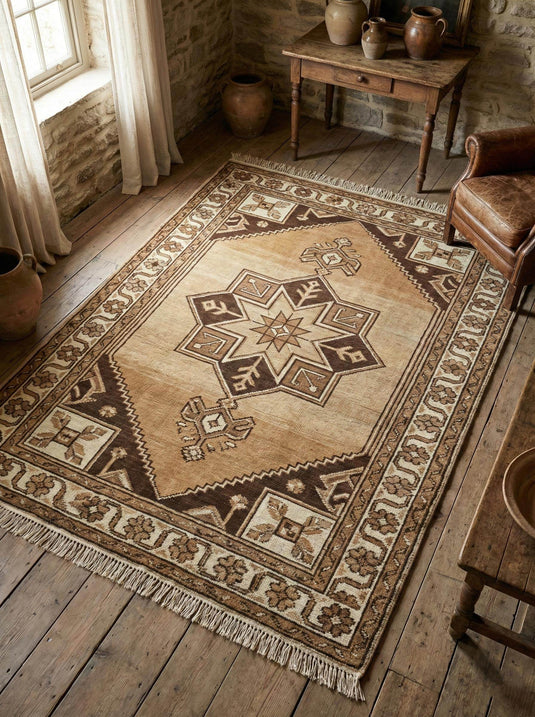 Translation missing: en.Hand knotted tribal wool rug with geometric medallion design in earthy neutral tones