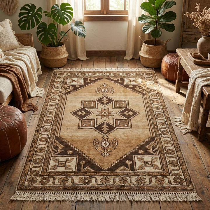 Translation missing: en.Rustic hand knotted area rug styled in farmhouse living room with wooden floors