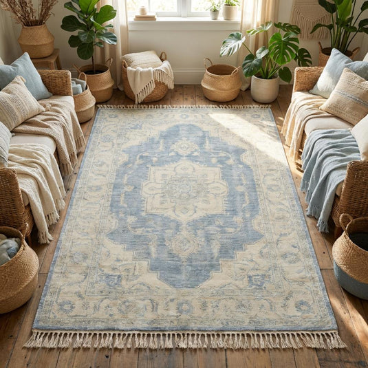 Translation missing: fr.Soft faded Persian inspired wool rug adding calm neutral elegance to modern interior space