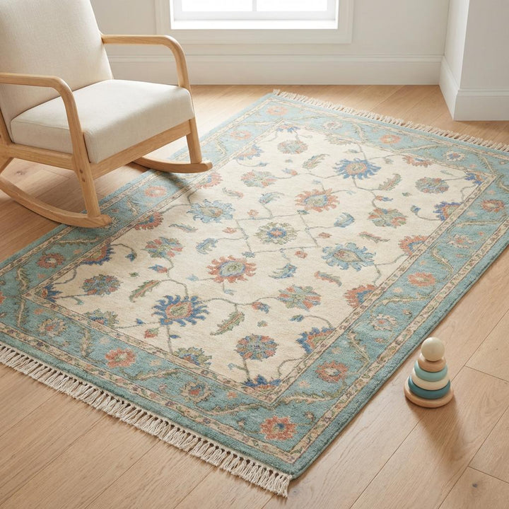 Translation missing: en.Hand Knotted Wool Oushak Rug – Blue Floral Persian Style Area Rug for Living Room, Vintage Inspired Cream Teal Carpet