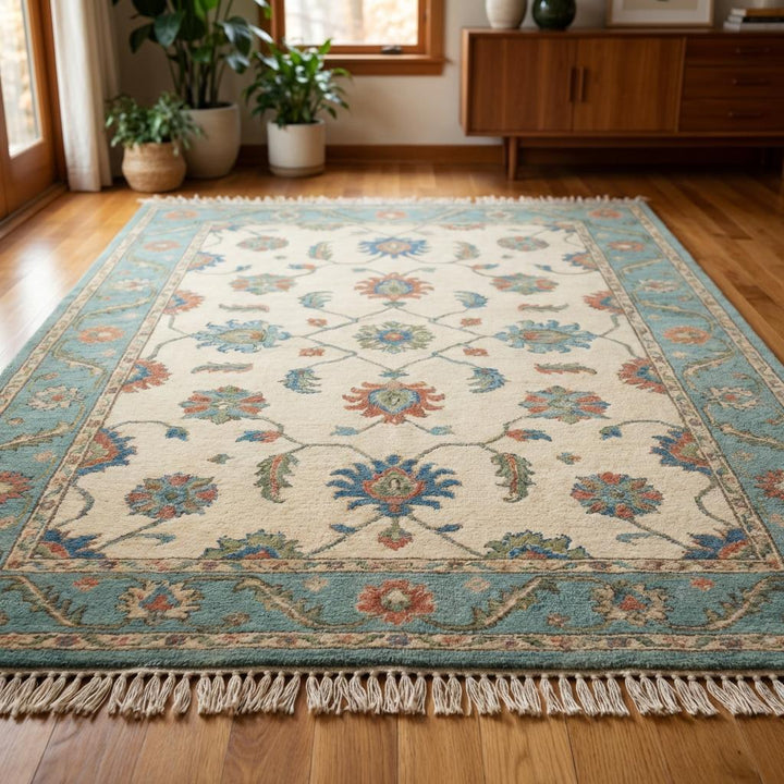 Translation missing: en.Hand Knotted Wool Oushak Rug – Blue Floral Persian Style Area Rug for Living Room, Vintage Inspired Cream Teal Carpet
