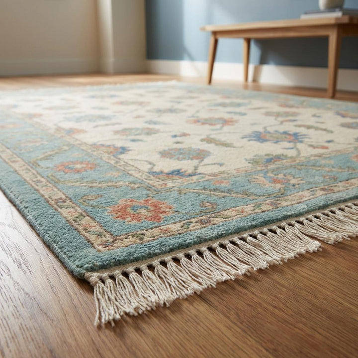 Translation missing: en.Hand Knotted Wool Oushak Rug – Blue Floral Persian Style Area Rug for Living Room, Vintage Inspired Cream Teal Carpet