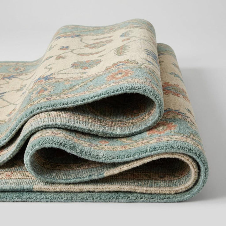 Translation missing: en.Hand Knotted Wool Oushak Rug – Blue Floral Persian Style Area Rug for Living Room, Vintage Inspired Cream Teal Carpet