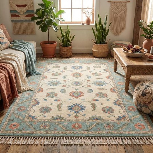 Translation missing: es.Traditional Oushak style wool rug in teal blue and coral accents placed under accent chair