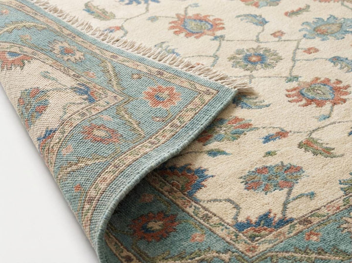 Translation missing: en.Hand Knotted Wool Oushak Rug – Blue Floral Persian Style Area Rug for Living Room, Vintage Inspired Cream Teal Carpet
