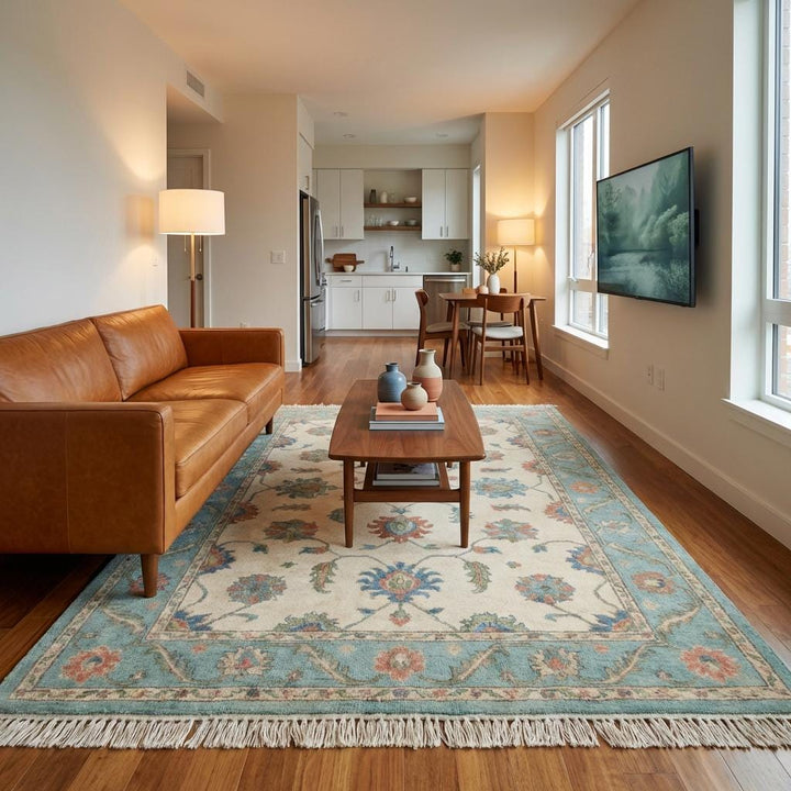 Translation missing: en.Floral hand knotted living room rug with soft pastel tones and detailed border design