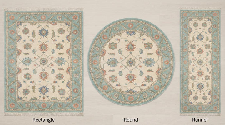 Translation missing: en.Hand Knotted Wool Oushak Rug – Blue Floral Persian Style Area Rug for Living Room, Vintage Inspired Cream Teal Carpet