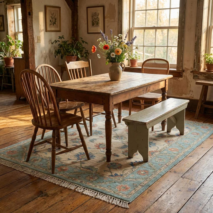 Translation missing: en.Elegant cream wool area rug with turquoise border and classic Turkish inspired floral motifs