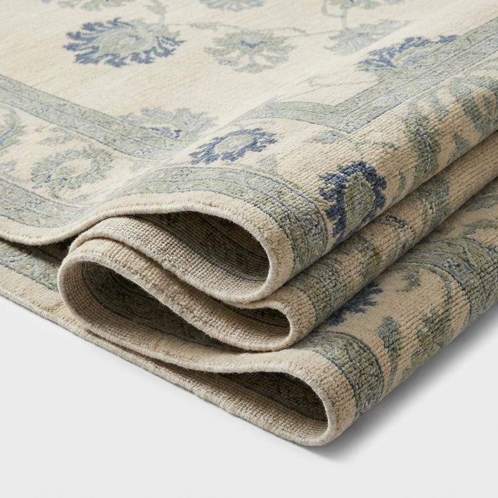 Translation missing: es.Hand Knotted Wool Oushak Rug, Muted Blue Floral Carpet