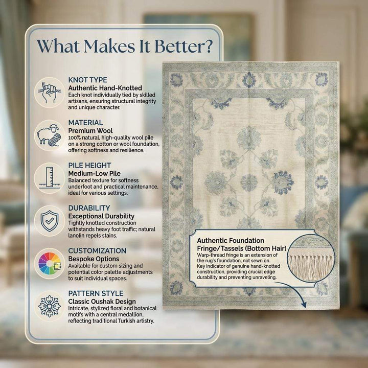 Translation missing: es.Hand Knotted Wool Oushak Rug, Muted Blue Floral Carpet