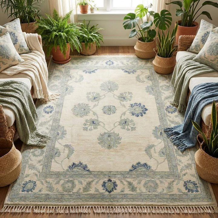 Translation missing: es.Authentic hand-knotted oriental rug showing the intricate botanical design and soft color variations of natural wool