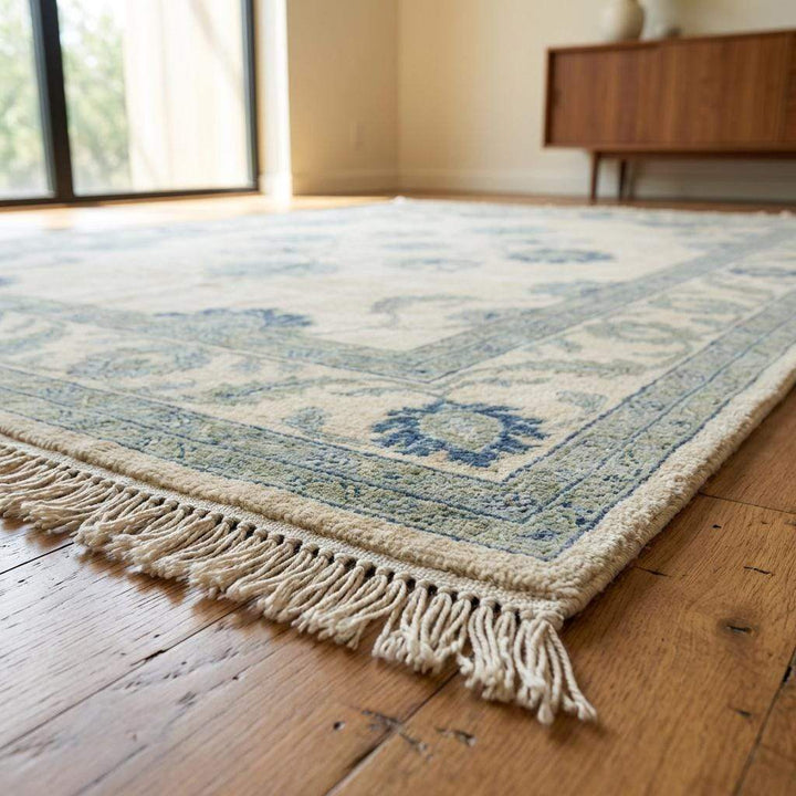 Translation missing: es.Hand Knotted Wool Oushak Rug, Muted Blue Floral Carpet