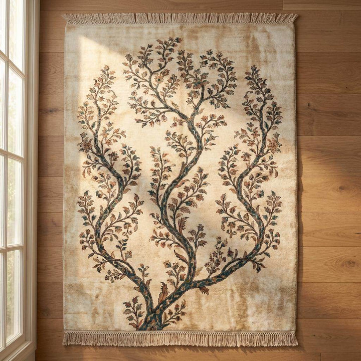 Translation missing: es.Hand Knotted Wool Rug, Ivory Teal Tree of Life, Botanical Decor