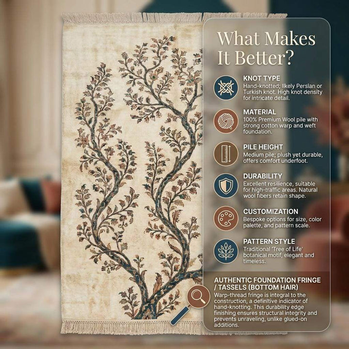 Translation missing: es.Hand Knotted Wool Rug, Ivory Teal Tree of Life, Botanical Decor
