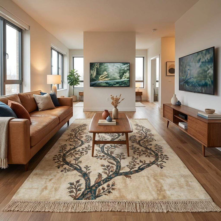 Translation missing: es.Hand Knotted Wool Rug, Ivory Teal Tree of Life, Botanical Decor