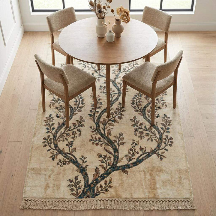 Translation missing: es.Hand Knotted Wool Rug, Ivory Teal Tree of Life, Botanical Decor