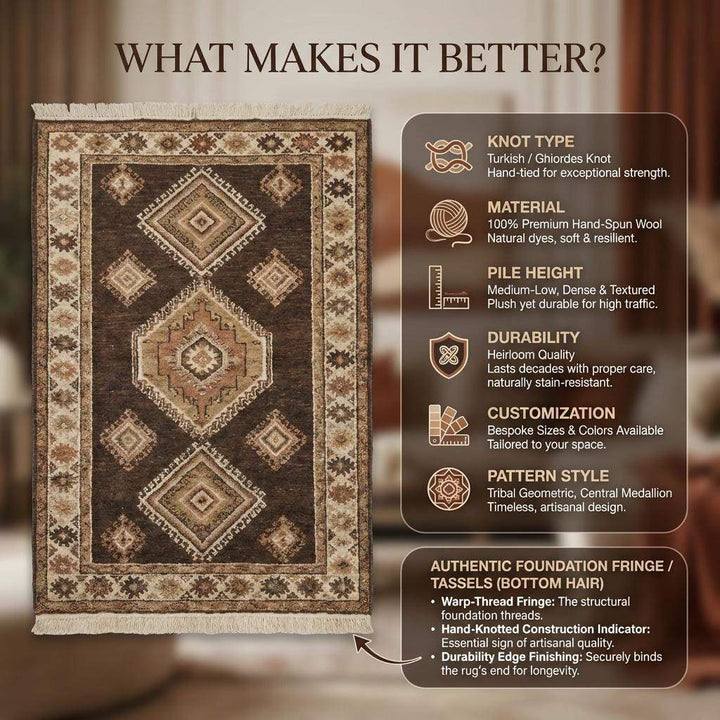 Translation missing: en.Hand Knotted Wool Tribal Area Rug, Rustic Geometric Living Room Decor