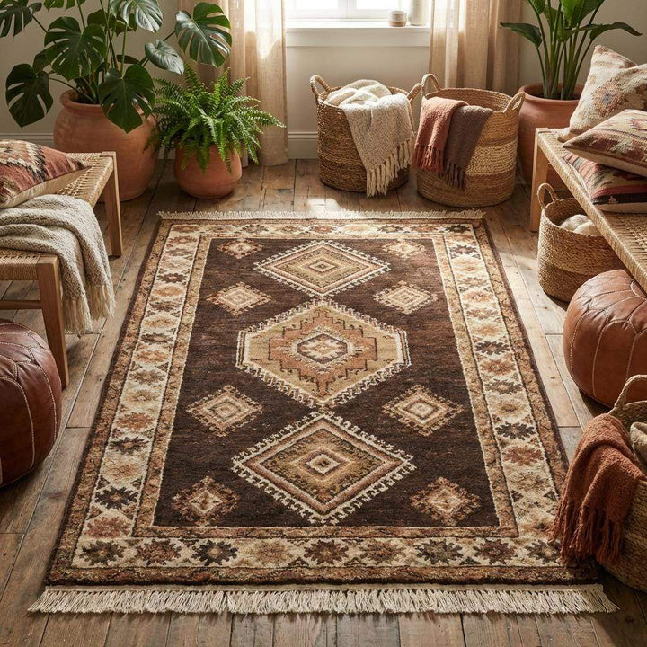 Translation missing: en.Rustic wool area rug styled in farmhouse interior with stone flooring