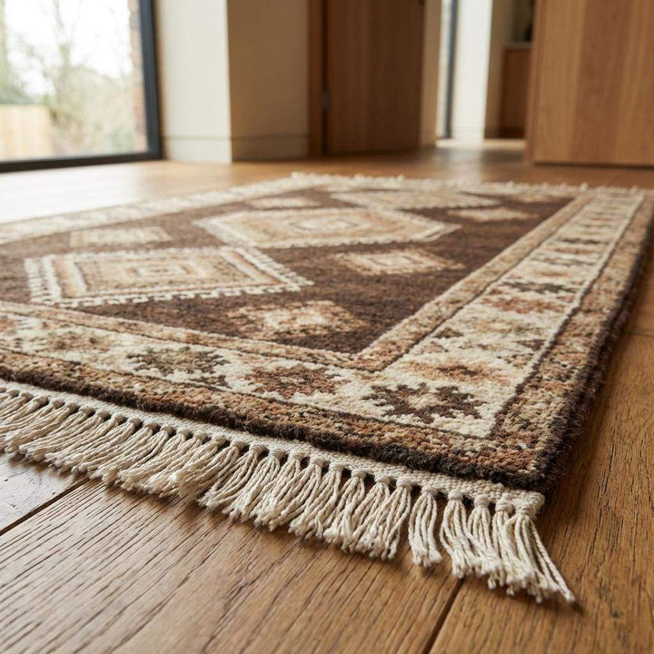 Translation missing: en.Brown and beige tribal hand knotted rug highlighting artisan craftsmanship