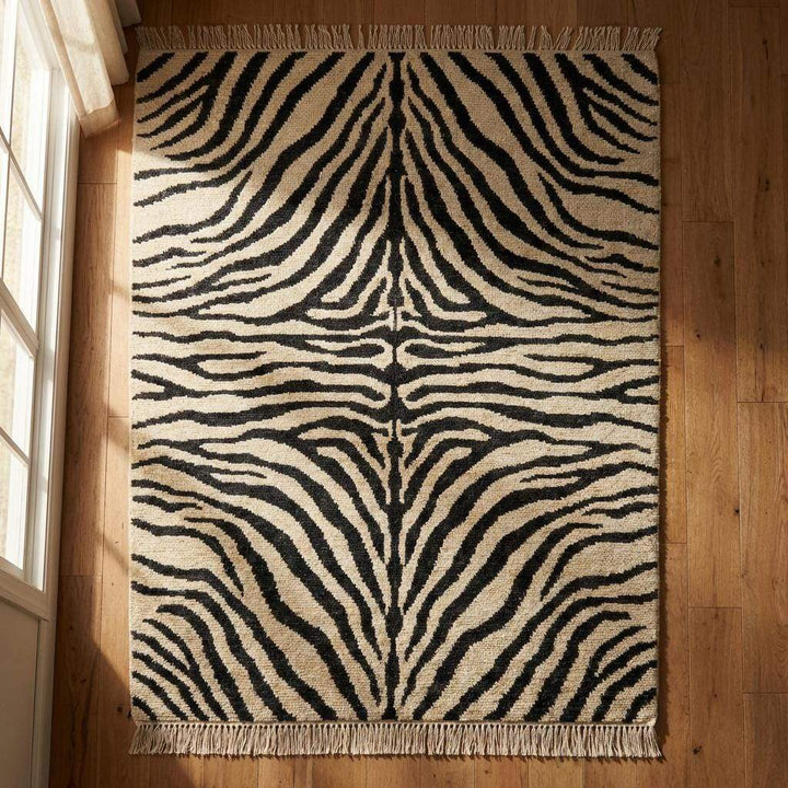Translation missing: es.Hand Knotted Zebra Stripe Wool Area Rug, Modern Black Ivory Carpet