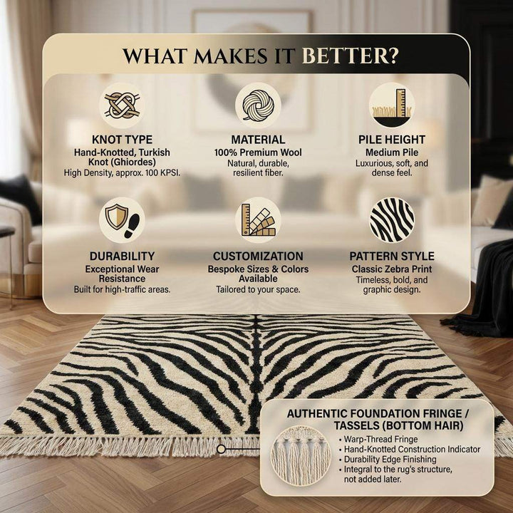Translation missing: es.Hand Knotted Zebra Stripe Wool Area Rug, Modern Black Ivory Carpet