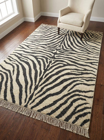 Translation missing: es.Hand knotted black and ivory zebra stripe wool area rug with modern design