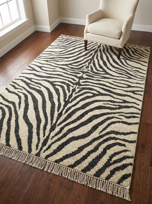 Translation missing: en.Hand knotted black and ivory zebra stripe wool area rug with modern design