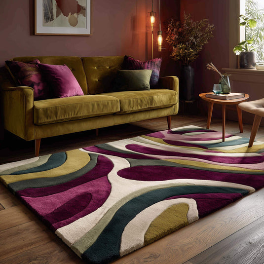 Translation missing: es.Hand tufted area rug with olive green and plum abstract retro swirl design