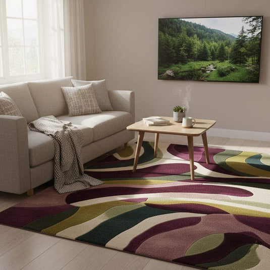 Translation missing: es.Retro swirl olive and plum tufted rug in mid century interior