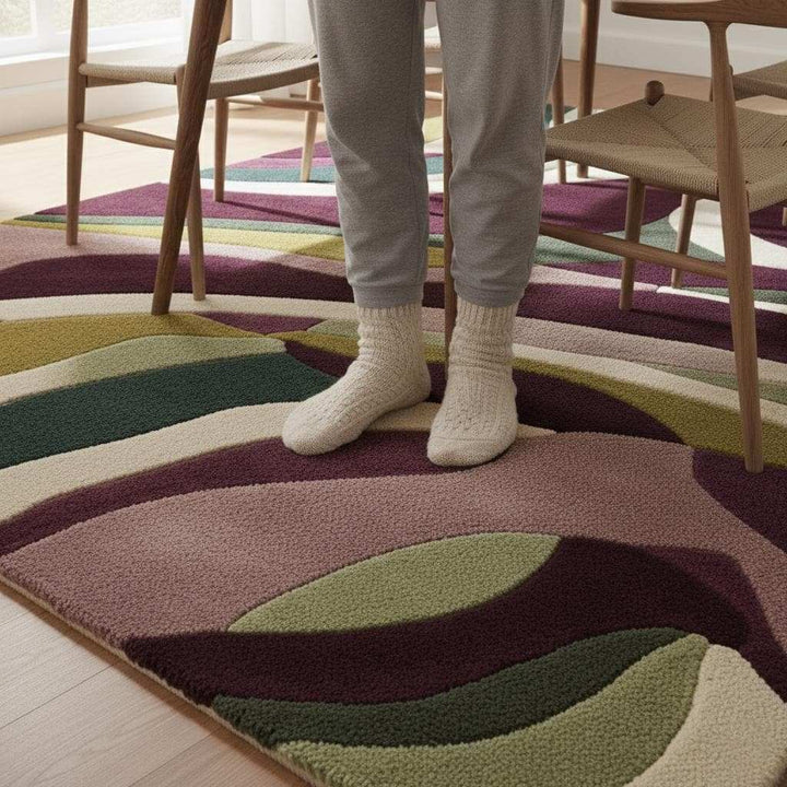 Translation missing: es.Hand Tufted Abstract Area Rug: Olive Green &amp; Plum Retro Swirl