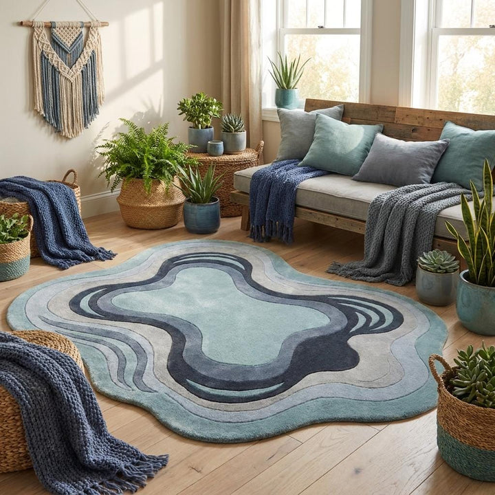 Translation missing: es.Luxury hand tufted abstract rug with layered wave pattern designed for living room, bedroom, or creative studio styling __etsy:8065990645