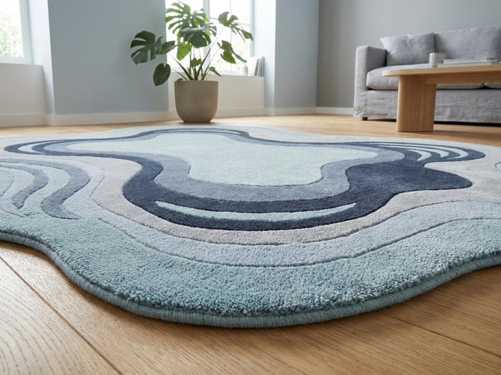 Translation missing: es.Modern Scandinavian inspired wool rug featuring fluid abstract lines and calming blue grey color palette for cozy interiors __etsy:8018073236