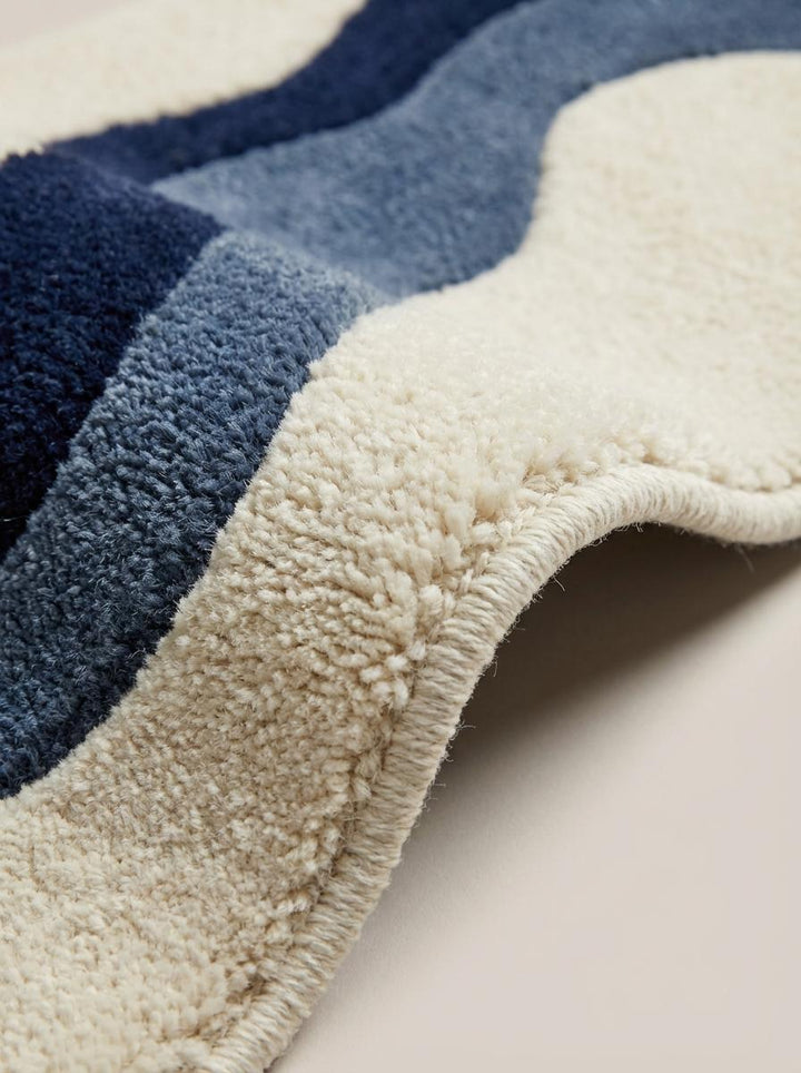 Translation missing: es.Hand Tufted Abstract Runner Rug, Modern Blue Wave Hallway Rug 2x6 2x8, Ivory Navy Contemporary Runner, Irregular Shape Hallway Carpet