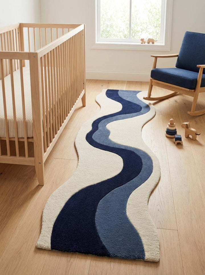 Translation missing: es.Hand Tufted Abstract Runner Rug, Modern Blue Wave Hallway Rug 2x6 2x8, Ivory Navy Contemporary Runner, Irregular Shape Hallway Carpet