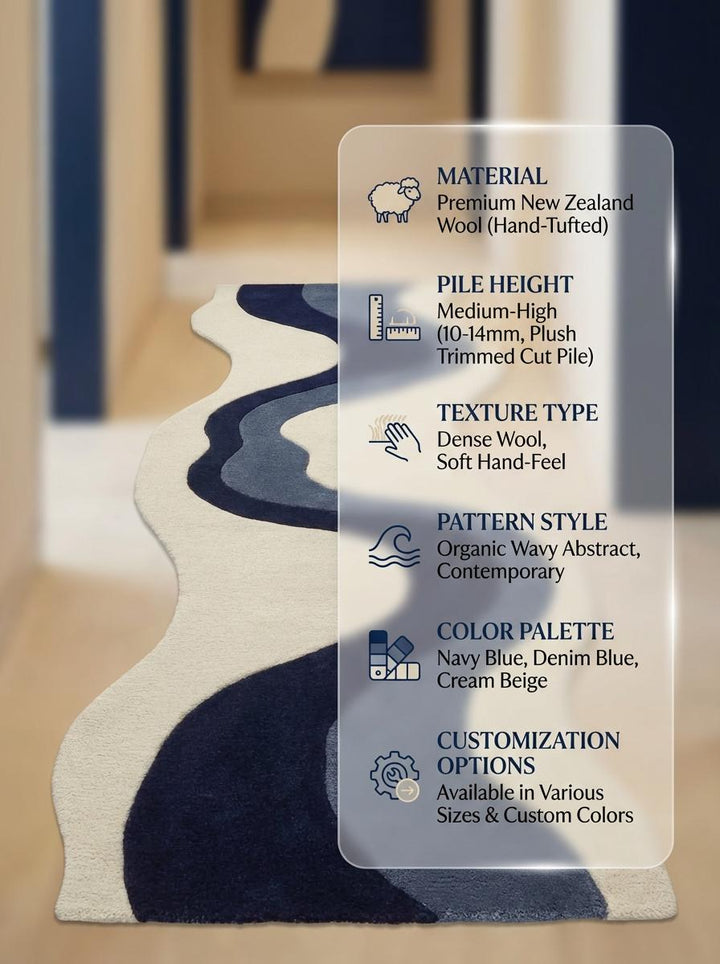 Translation missing: es.Hand Tufted Abstract Runner Rug, Modern Blue Wave Hallway Rug 2x6 2x8, Ivory Navy Contemporary Runner, Irregular Shape Hallway Carpet