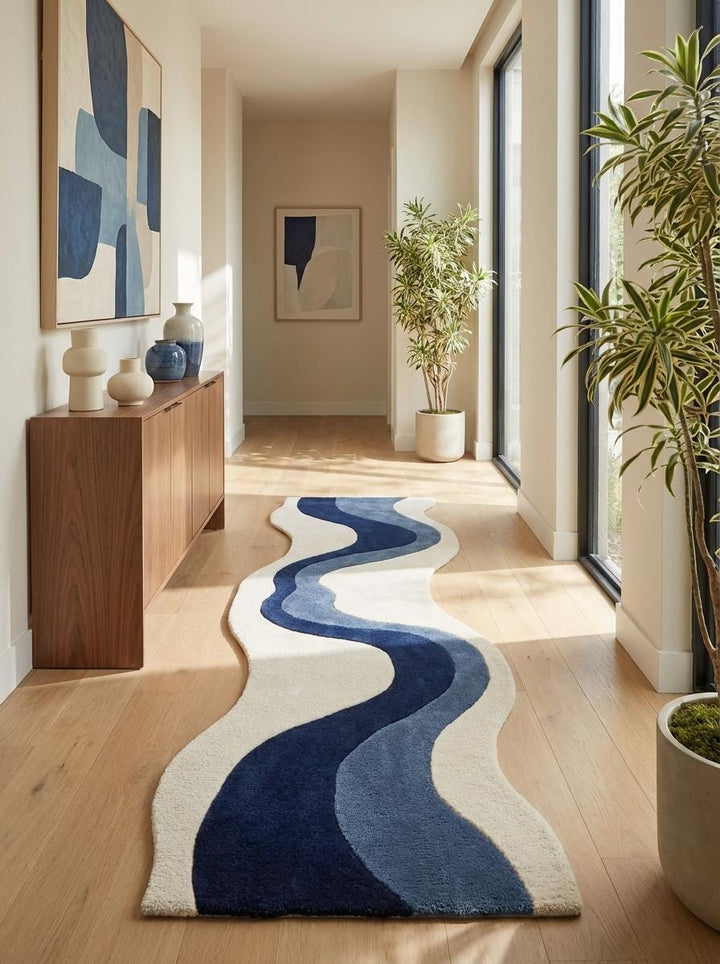Translation missing: es.Contemporary blue wave runner rug with sculpted edges and ivory background, stylish hand tufted wool hallway carpet