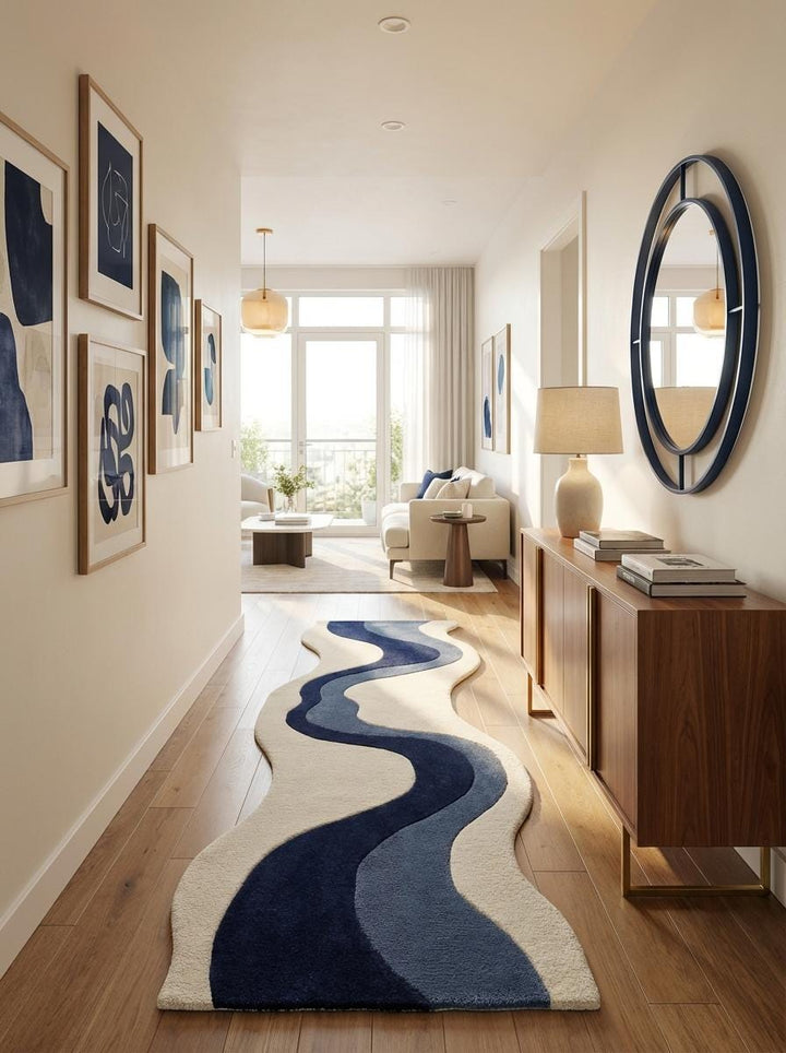 Translation missing: es.Artistic navy blue and ivory hand tufted runner rug creating a modern statement piece for hallway and entryway spaces
