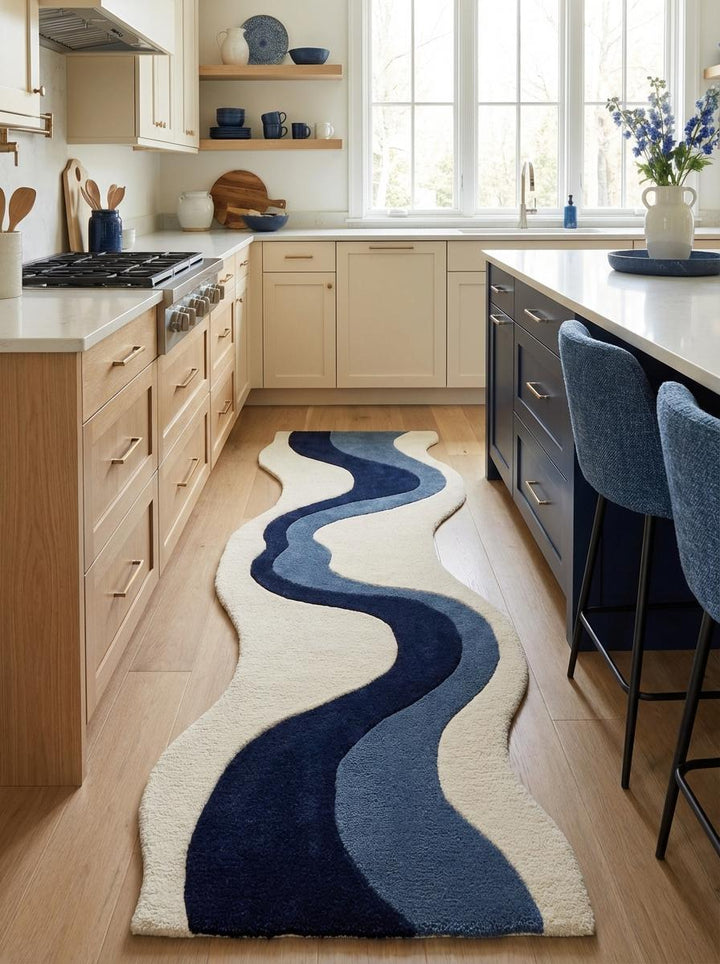 Translation missing: es.Hand Tufted Abstract Runner Rug, Modern Blue Wave Hallway Rug 2x6 2x8, Ivory Navy Contemporary Runner, Irregular Shape Hallway Carpet