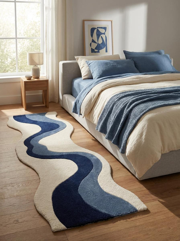 Translation missing: es.Hand Tufted Abstract Runner Rug, Modern Blue Wave Hallway Rug 2x6 2x8, Ivory Navy Contemporary Runner, Irregular Shape Hallway Carpet