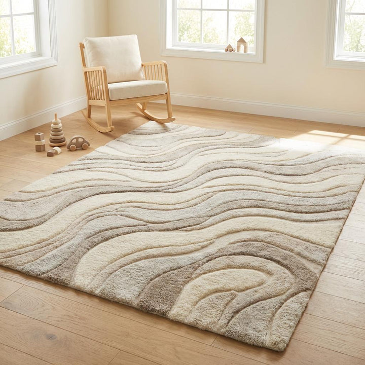 Translation missing: es.Hand Tufted Abstract Wave Wool Rug, Modern Neutral Living Room Carpet