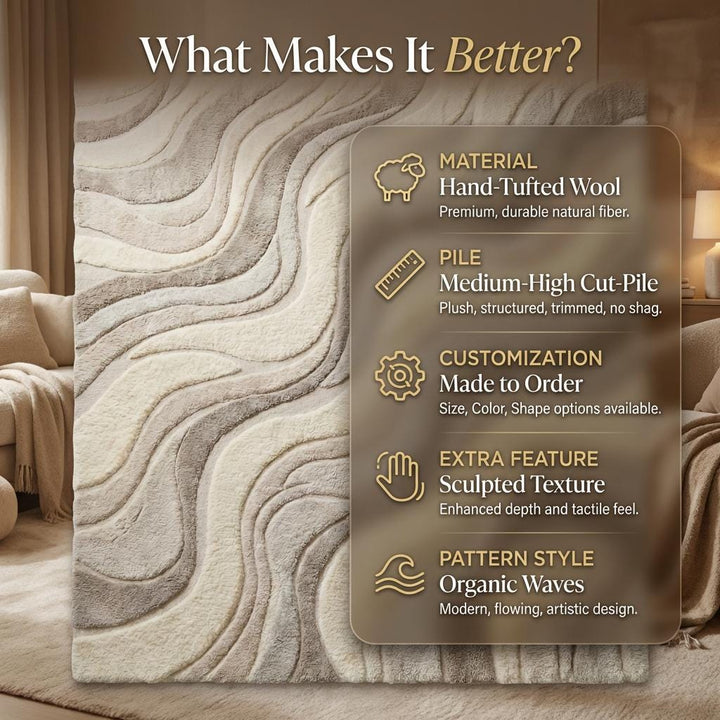 Translation missing: es.Hand Tufted Abstract Wave Wool Rug, Modern Neutral Living Room Carpet
