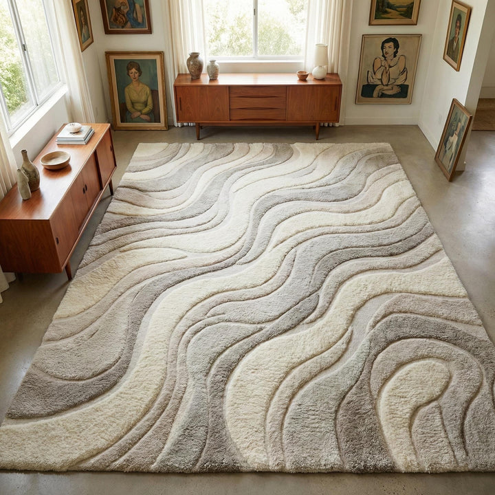 Translation missing: es.Hand tufted wool rug with abstract wave pattern in neutral tones for modern living rooms