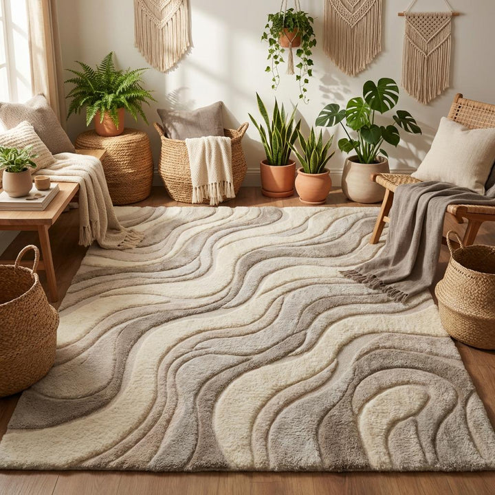 Translation missing: es.Modern plush wool carpet in cream and taupe creating calm minimalist interior atmosphere