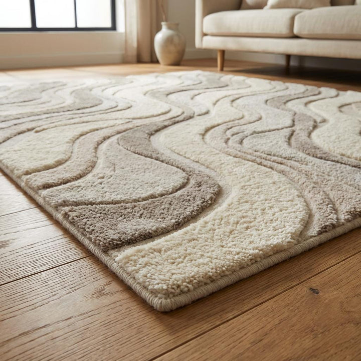 Translation missing: es.Hand Tufted Abstract Wave Wool Rug, Modern Neutral Living Room Carpet
