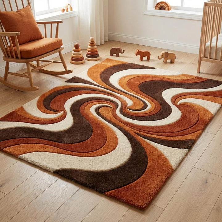 Translation missing: es.Warm tone abstract statement rug styled with wooden cabinet, lounge chair, and indoor plants