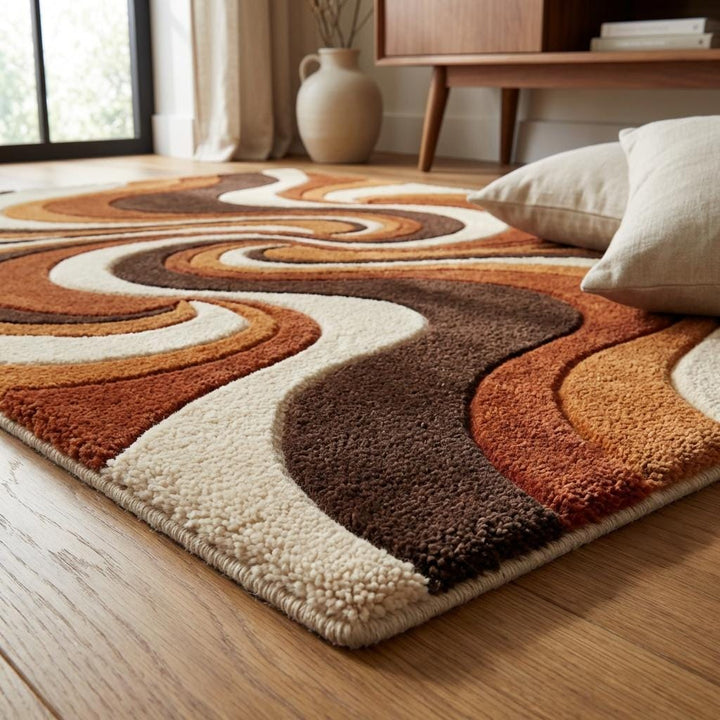 Translation missing: es.Hand Tufted Abstract Wool Rug, Mid Century Modern Retro Living Room Area Rug, Burnt Orange Brown Cream Sculpted Statement Carpet