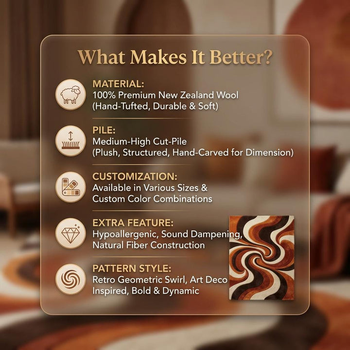 Translation missing: es.Hand Tufted Abstract Wool Rug, Mid Century Modern Retro Living Room Area Rug, Burnt Orange Brown Cream Sculpted Statement Carpet
