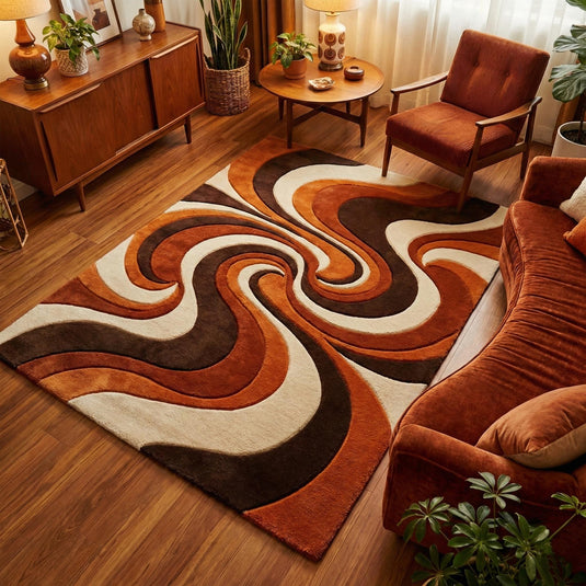 Translation missing: es.Hand tufted abstract wool rug with burnt orange, brown, and cream mid-century modern design
