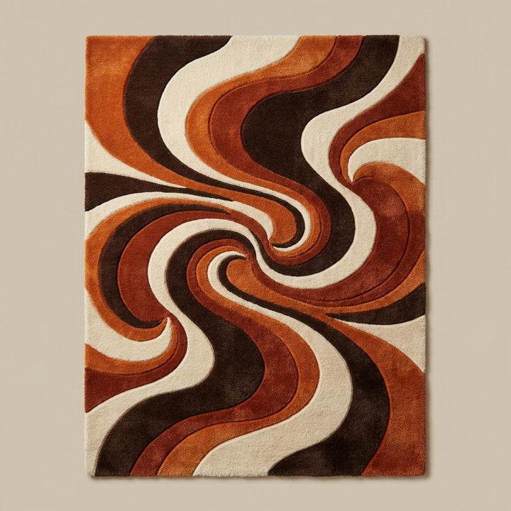 Translation missing: es.Retro modern abstract area rug with flowing swirl design under coffee table in warm cozy interior